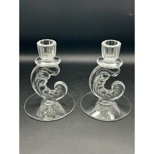 VTG Art Deco MCM Fostoria Plume Solid Clear Lead Crystal Pair of‎ Candle Holder